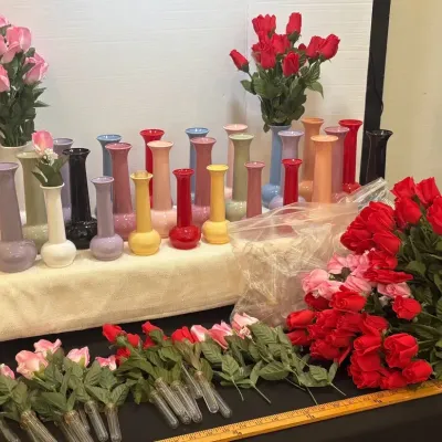 Vintage Plastic Colorful Vases and LOTS of Rose Stems