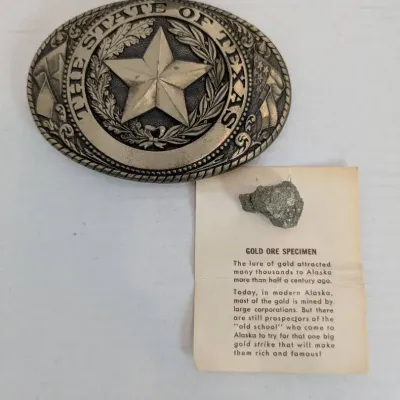 Tony Lama State Of Texas Belt Buckle & Gold Ore Specimen 