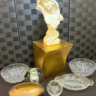 Vintage Glass Dishes, Brass Planter and (Newer) Bust and Gold Shelf