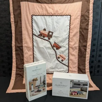 Handmade Small Train Quilt + Magnolia Home Wooden Train Toys (New in Boxes)