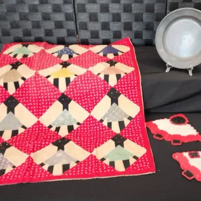 Folk Art Mini Quilt & Crocheted Trivets and Antique Pewter Plate