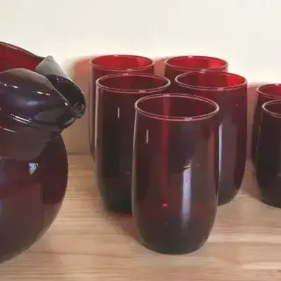 Red Glass Pitcher And Glasses
