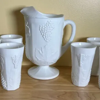 Milk Glass Grape Vine Pitcher And Cups