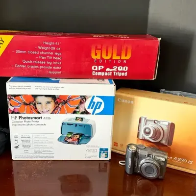 Canon PowerShot Camera, HP Photo Printer & Tripod