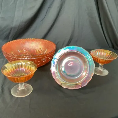 Vintage Marigold Carnival Glass - Decorative Cups, Plate, Bowl