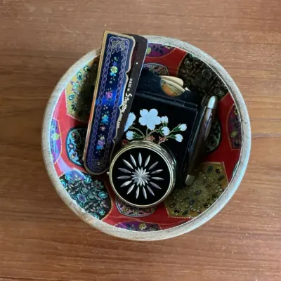 Vintage Vanity Compact Items In Display Bowl