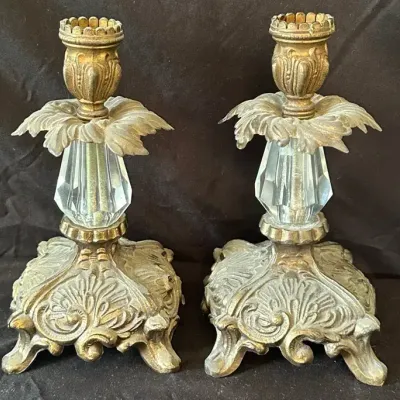 Vintage Hollywood Regency Ornate Metal & Glass Candlestick Holders - Pair