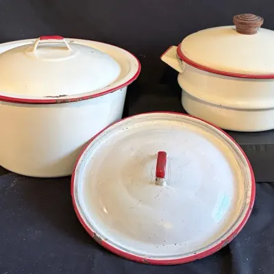 Vintage Red & White Enamelware Pots With Extra Lid