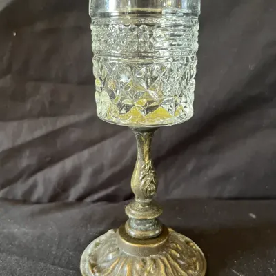 Vintage Pressed Glass Shot Glass On Ornate Metal Pedestal