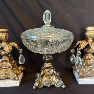 Ornate Candle Holders & Footed Cut Glass Candy Dish