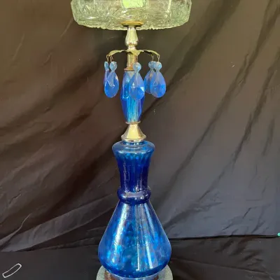 Vintage Cobalt Blue Glass Standing Ashtray With Prisms