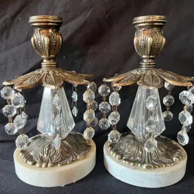 Ornate Crystal Drop Candlestick Holders With Marble Bases