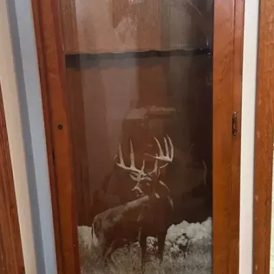 Vintage Wooden Gvn Storage Cabinet With Etched Deer Glass
