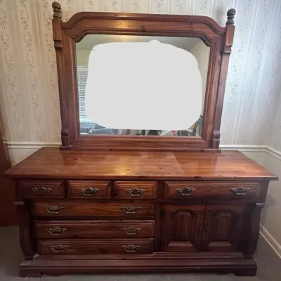 Vintage Wood Dresser With Mirror & Brass-Tone Hardware