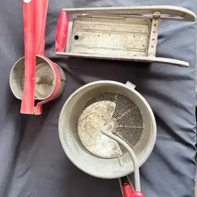 Vintage Red Handle Kitchen Press, Food Mill & Chopper
