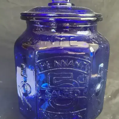 Vintage Cobalt Blue Planters Mr. Peanut Glass Jar With Lid