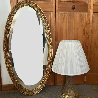 Vintage Gold-Tone Oval Mirror & Cut Glass Table Lamp