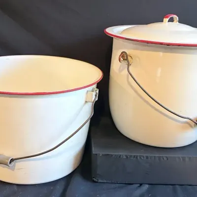 Two Vintage White Enamelware Buckets With Red Trim