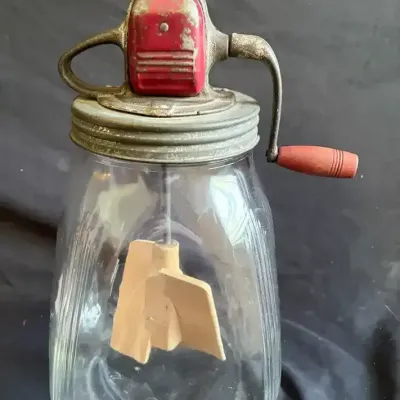 Vintage Hand-Crank Glass Butter Churn With Wooden Paddles