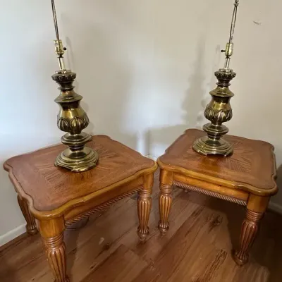 Pair of Wood Side Tables With Brass-Tone Table Lamps