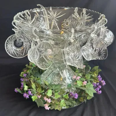 Vintage Star of David Glass Punch Bowl Set With 12 Cups & Pedestal