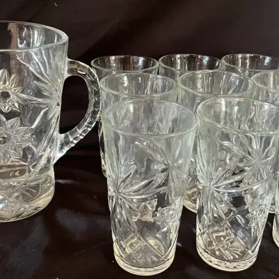 Anchor Hocking Star of David Pitcher & 9 Drinking Glasses