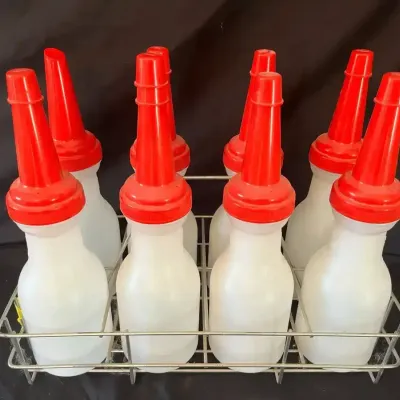 Vintage Ball Crank Oil Bottle Set With Wire Carrier