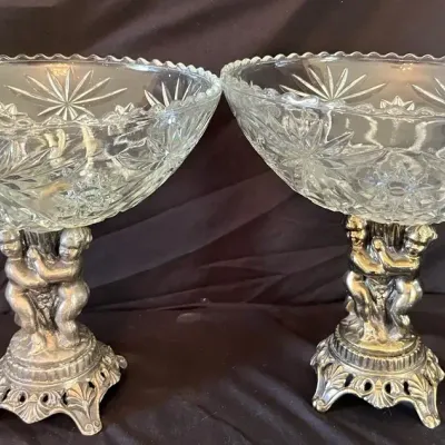 Pair of Cut Glass Cherub Pedestal Centerpiece Bowls