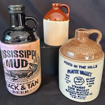 Vintage Stoneware & Glass Advertising Jugs - Platte Valley & Mississippi Mud
