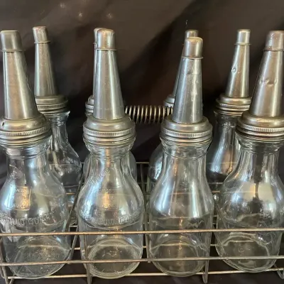 Vintage Master Mfg. Co. Glass Motor Oil Bottles With Carrier - Set of 8