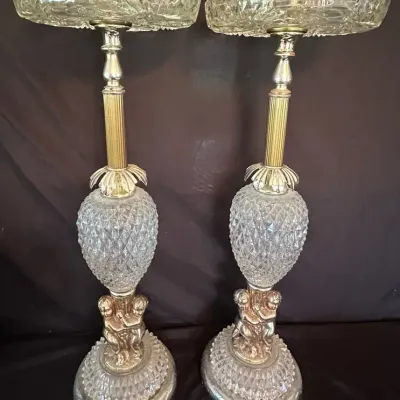 Pair of Vintage Glass & Metal Cherub Standing Ashtrays