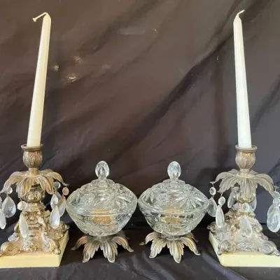 Ornate Crystal Drop Candlesticks & Covered Candy Dishes