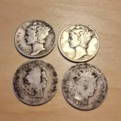 U.S. 90% Silver Dimes – 1912 & 1913 Barber and 1943 Mercury – 4 Coins