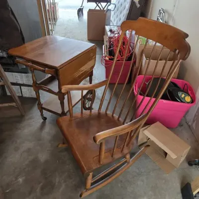 Vintage Wood Tea Cart / Drop-Leaf Serving Cart & Rocking Chair