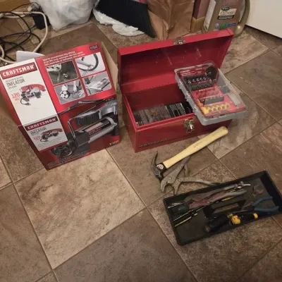 Craftsman 120V Inflator, Metal Tool Box & Hand Tool Lot