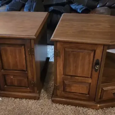 Matching Vintage Wood End Tables with Pass-Through Cabinets