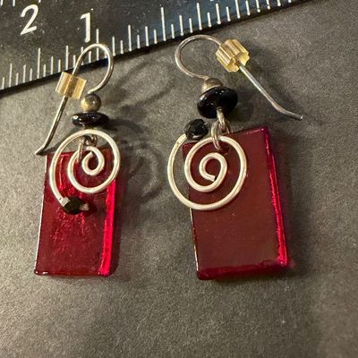 Vintage red rectangle dangle earrings