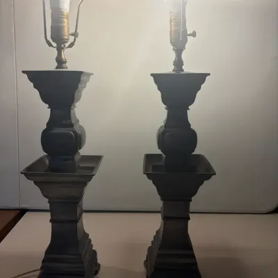 Vintage Pewter-Tone Classical Altar Form Table Lamps – Pair