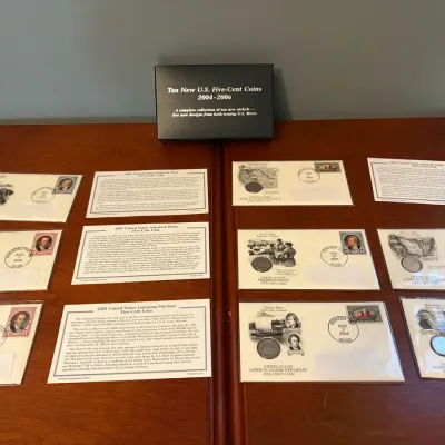 Ten U.S. Five-Cent Coins with Stamps and Historical Cards (2004-2006)