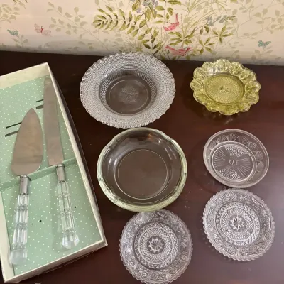 C.R. Gibson Wedding Knife/Server Set and Assorted Glass Dishes