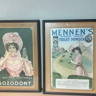 Framed Vintage Advertisements for Sozodont and Mennen’s Products
