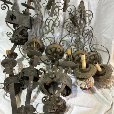 Wrought Iron and Ceramic Vintage Wall Sconces