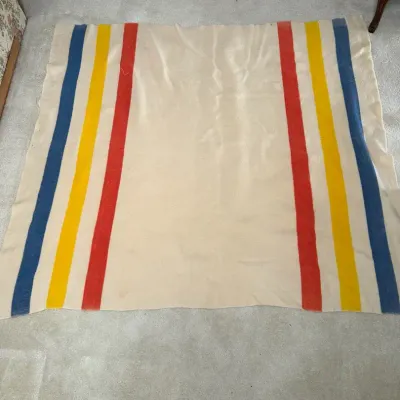 Vintage Orrlaskan Wool Blanket With Blue, Red, and Yellow Stripes