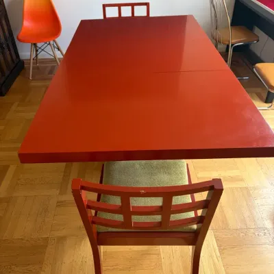 Postmodern Reddish-Orange Drop-Leaf Dining Table Set with 2 Chairs