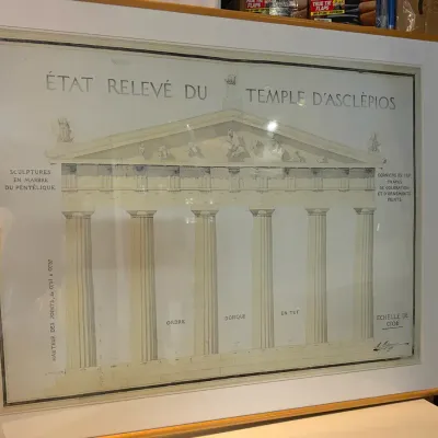 Framed Architectural Drawing of Temple d’Asclepios, Signed 1913
