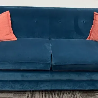 Blue Velveteen Sofa with Throw Pillows (2)