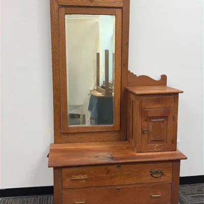 Antique Oak Gentleman's Dresser with Tall Mirror and Hat Box Compartment