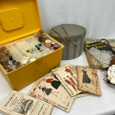 Vintage Simplicity Pattern Book, Sewing Baskets, + More