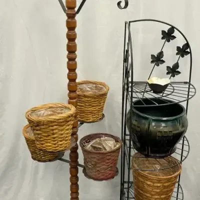 Plant Stands Wood + Metal, W/ Baskets + Bamboo Flower Mats