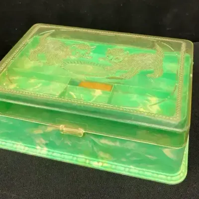 Vintage Hommer MFG. Green Swirl Kitten Jewelry Box W/ Hinged Lid